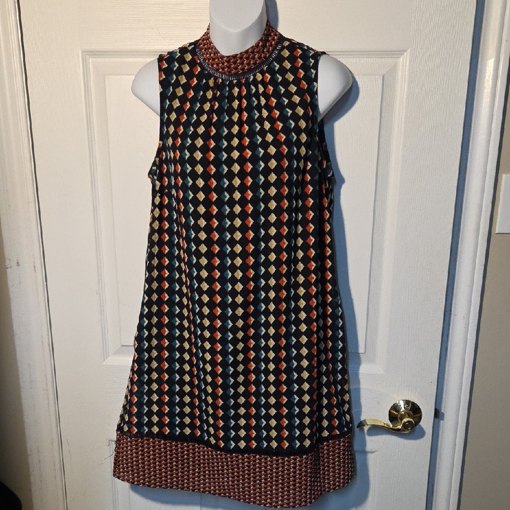 DR2 Navy Cream & Rust Geometric Print Shift Dress Sz S